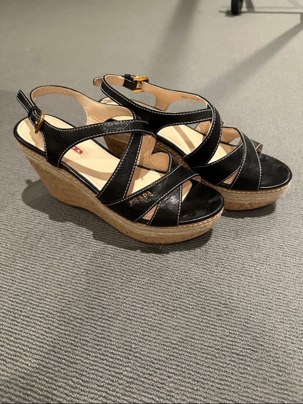 Prada Black Leather Cork Espadrille Wedge Sandals